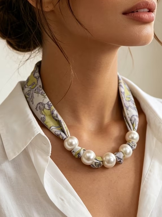 Whimsy_and_Rose Jewelry - Yellow Horse Print Fabric Scarf Necklace with Pearls